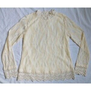 Mystree Ivory Long Sleeve Blouse Crochet Lace Floral Fairy Women’s Size S